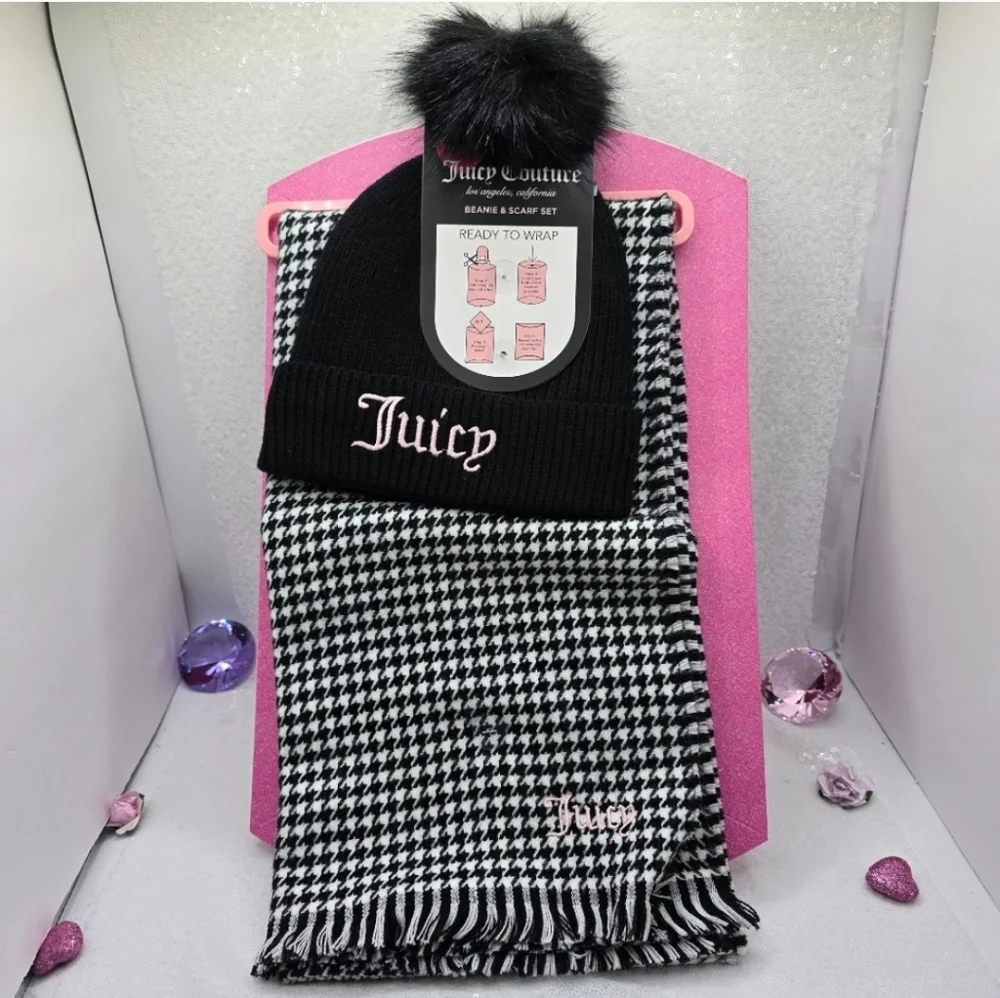 Juicy Couture Pom Pom Beanie & Scarf Set with Gift Box Black White Check Design